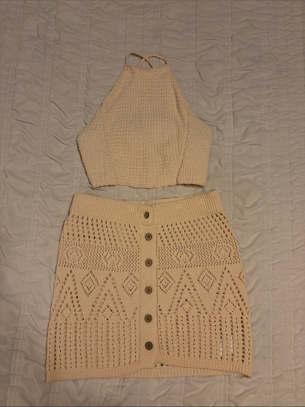 Free People Cream Crochet Button-Front Mini Skirt